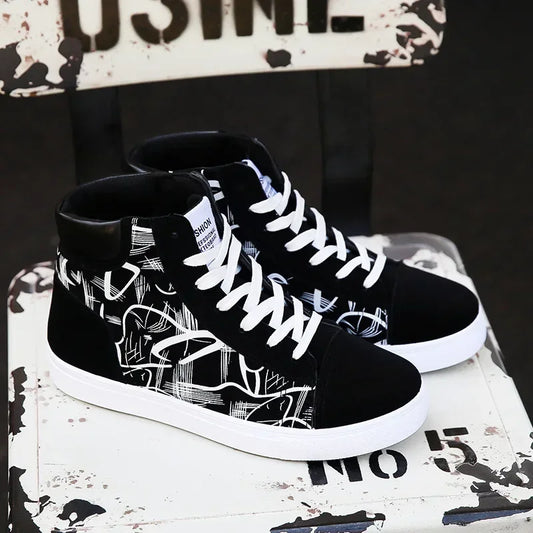 Men's High-Top Patterned Lace-Up Canvas Sneakers