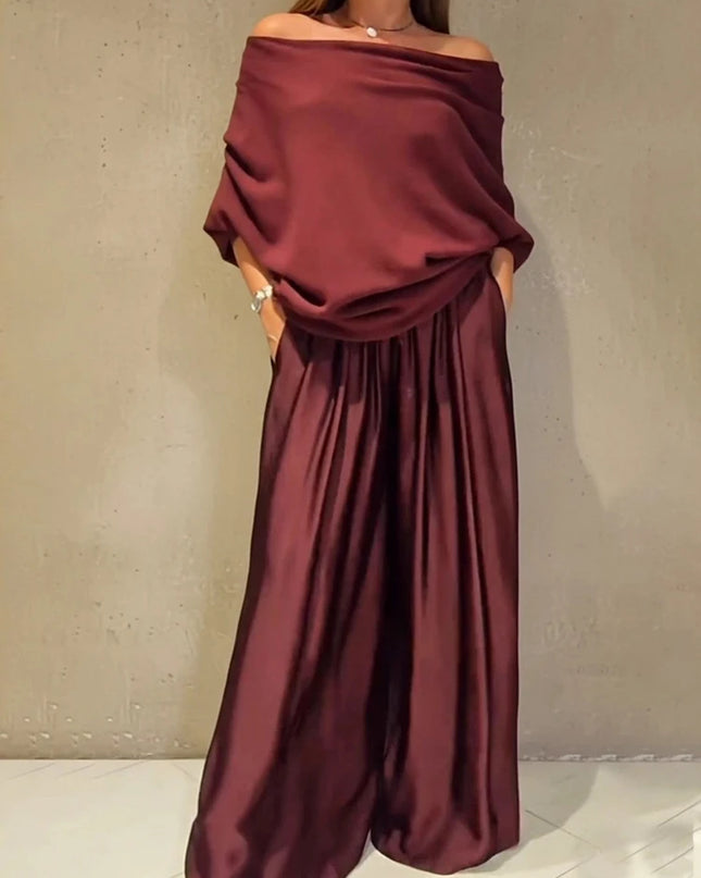Women's Elegant Two-Piece Set - Slash Collar Off-Shoulder Top & Satin Wide-Leg Pants