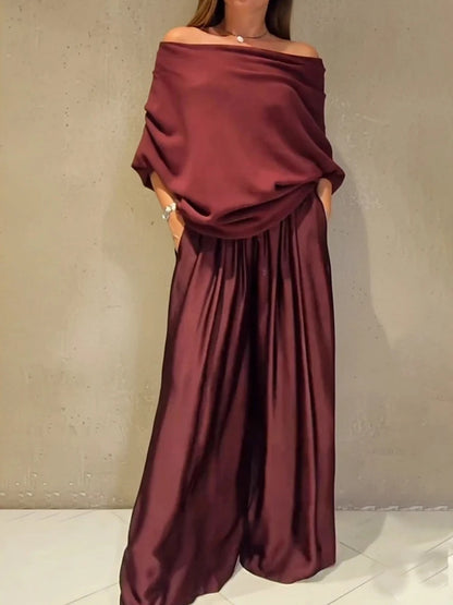Women's Elegant Two-Piece Set - Slash Collar Off-Shoulder Top & Satin Wide-Leg Pants