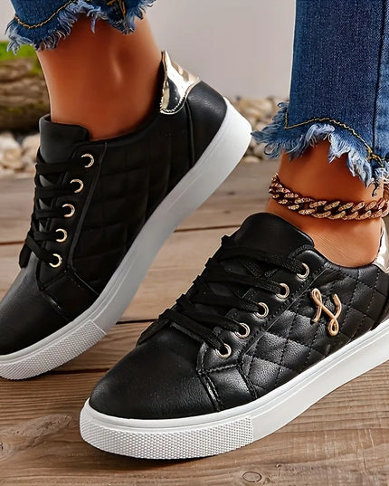 Women's Lightweight Sneakers with Gold Embellishments - Lace-Up Style