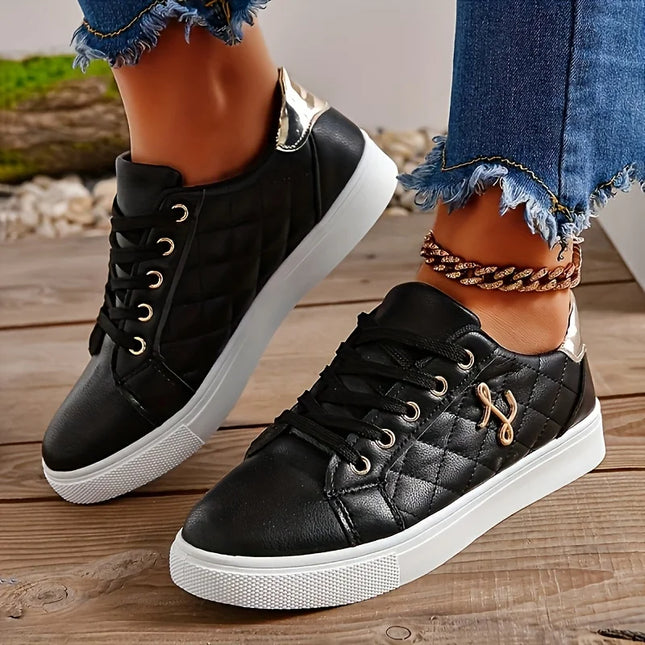 Women's Lightweight Sneakers with Gold Embellishments - Lace-Up Style