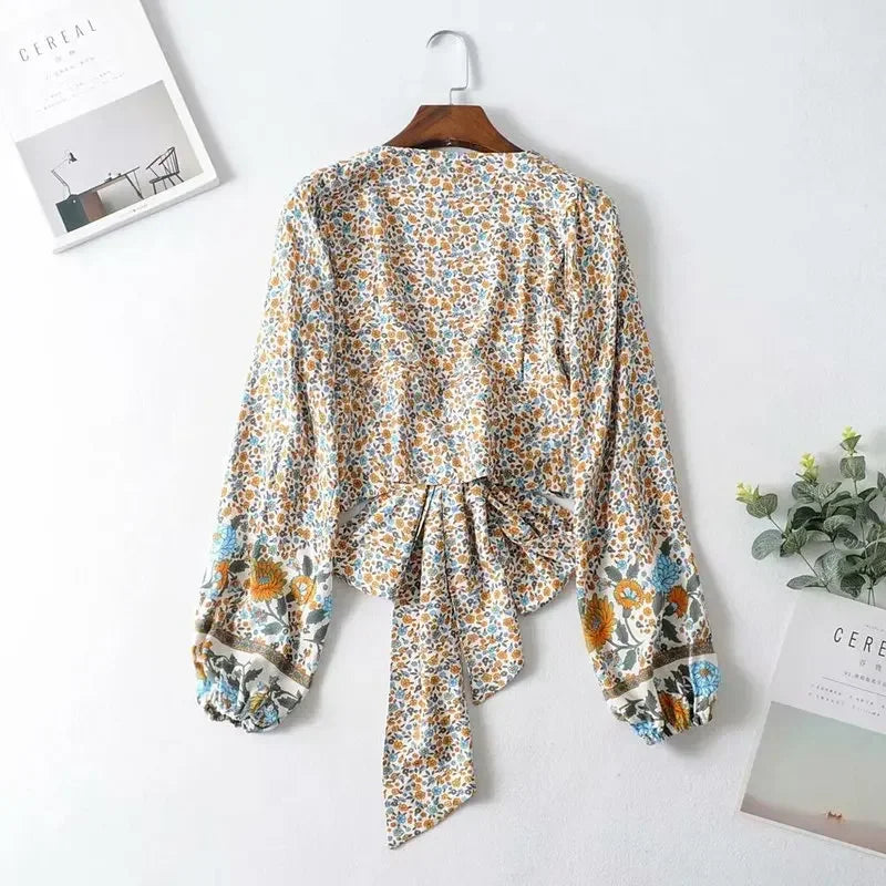 Women’s Floral Print Rayon Bohemian Blouse Shirt - Loose Fit Crop Top