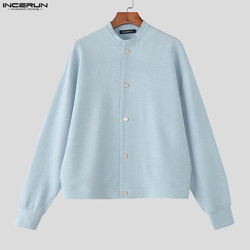 Incerun Men's Stand Collar Jacket with Long Sleeves and Button Closure