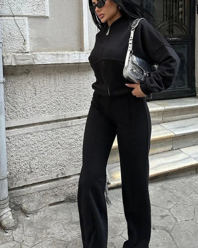 Women's Two-Piece Zipper Jacket and High-Waist Lace-Up Elastic Trousers Set
