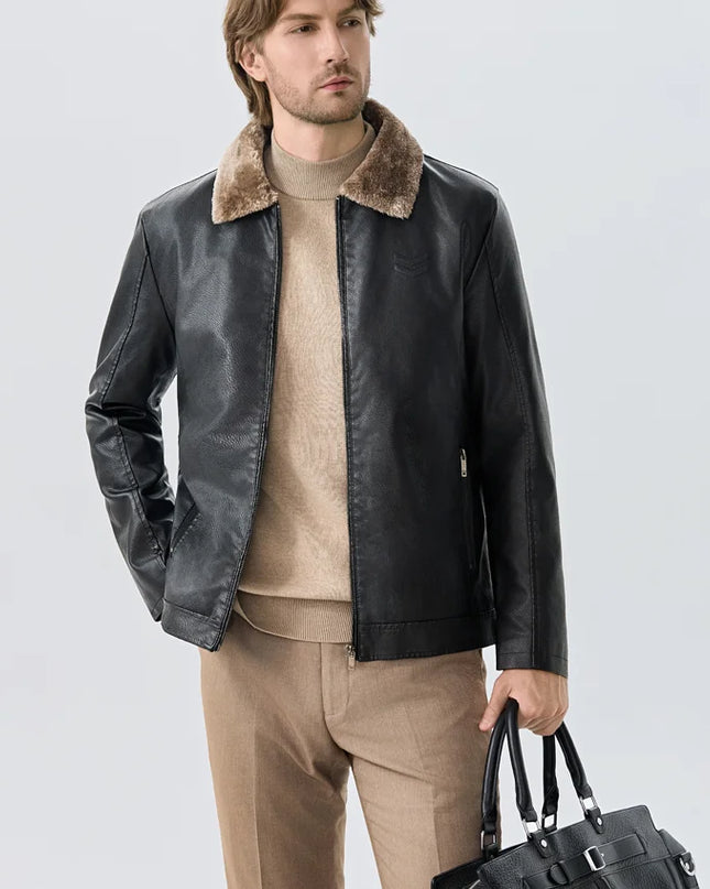 Men's Vintage Faux Leather Jacket with Faux Fur Collar - Various Colors