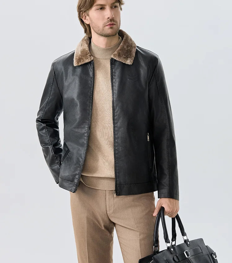Men's Vintage Faux Leather Jacket with Faux Fur Collar - Various Colors
