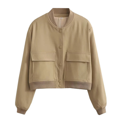 TRAF Long Sleeve Women's Front Button Jacket with Vintage Style and Pockets