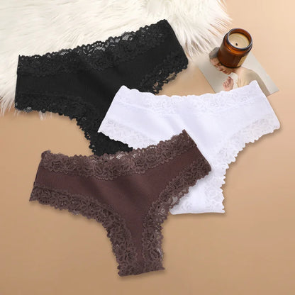 Set of 3 Women's Cotton Lace Panties - Floral Print & Trendy Patchwork Briefs