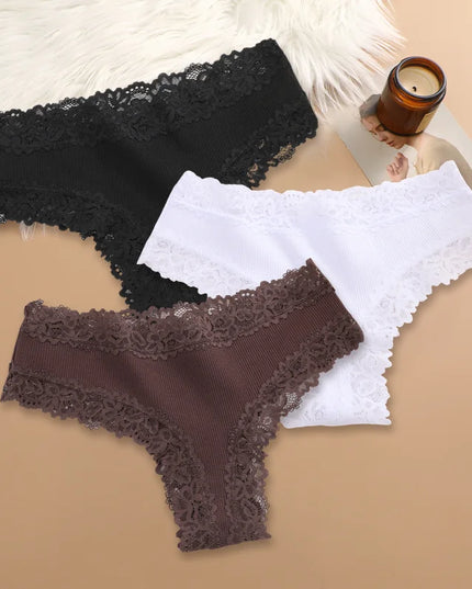 Set of 3 Women's Cotton Lace Panties - Floral Print & Trendy Patchwork Briefs