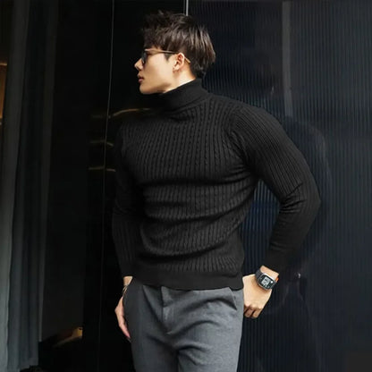 Men's Striped Knit Long Sleeve Turtleneck Sweater