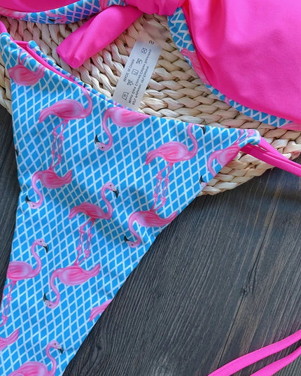 Women's Grid Flamingo Print Two-Piece Swimwear Set with Push-Up Thong Bikini