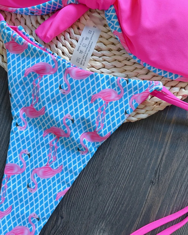 Women's Grid Flamingo Print Two-Piece Swimwear Set with Push-Up Thong Bikini