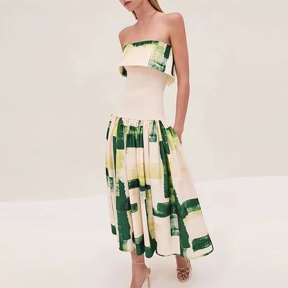 Women's Elegant Off-Shoulder Pleated Dress – High Waist Design