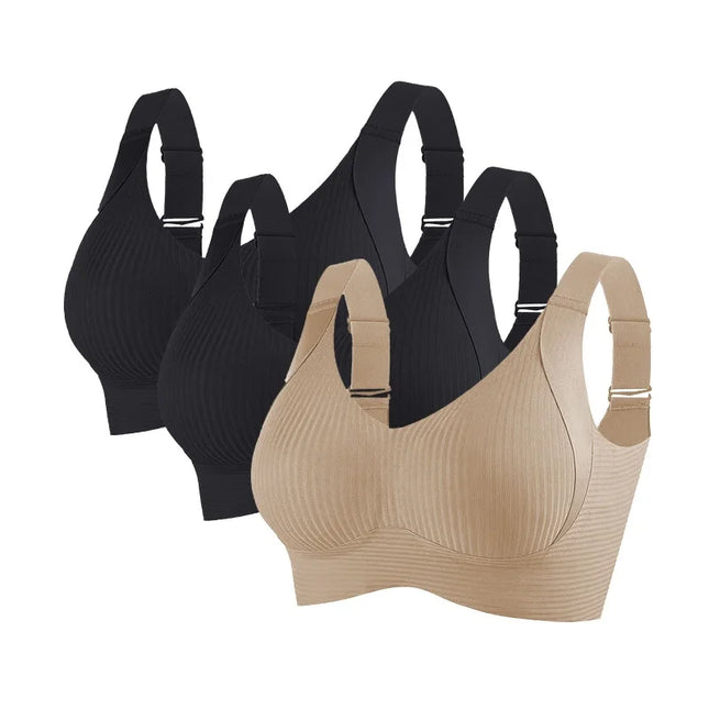 3-Piece Women's Non-Wire Push-Up Bra Set with Seamless Ribbed Design