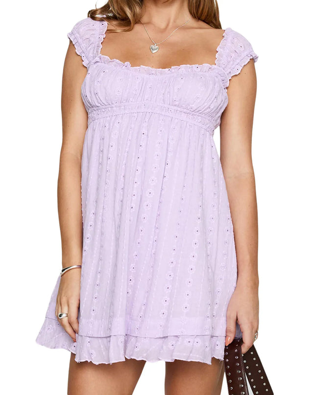 Women's Mini Dress with Low Cut, Floral Embroidery, and Ruffle Trim