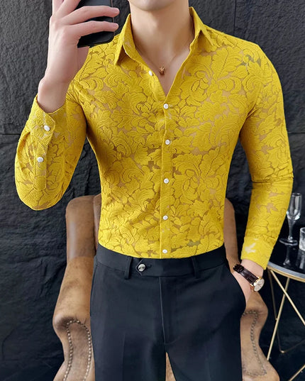 Men's Mesh See-Through Floral Lace Sheer Casual Shirt