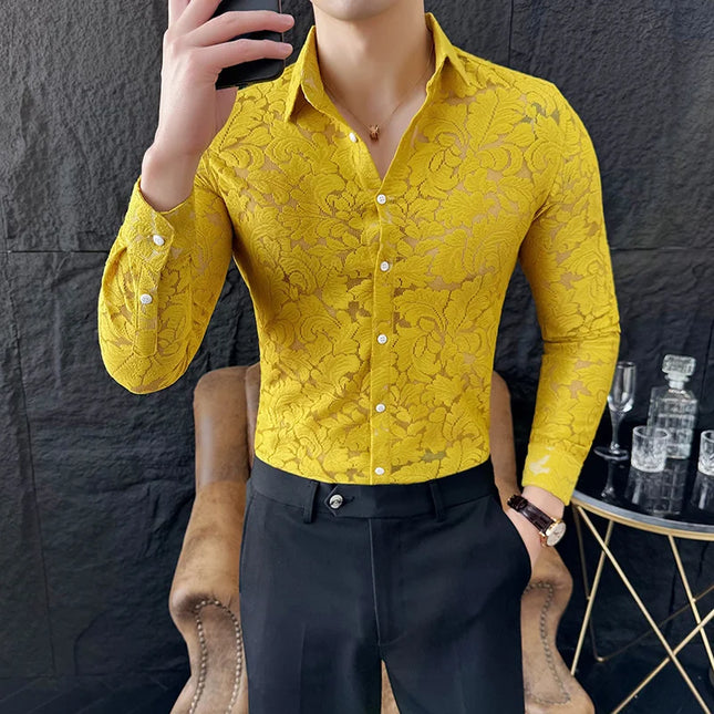 Men's Mesh See-Through Floral Lace Sheer Casual Shirt
