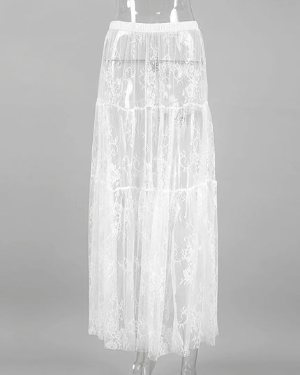 Elegant Jacquard Lace Sheer Maxi Skirt for Women with Elastic Waist and Transparent Design