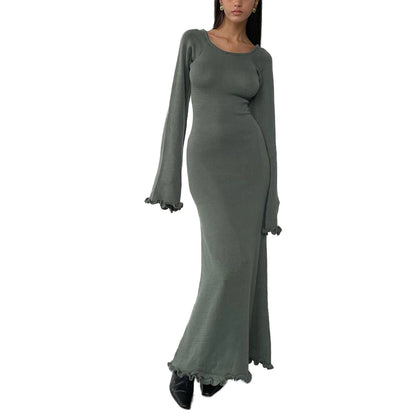 Women's Knitted Backless Bodycon Dress with Ruffle Trim
