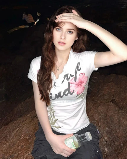 Women's Letter & Floral Print Polo Neck T-Shirt