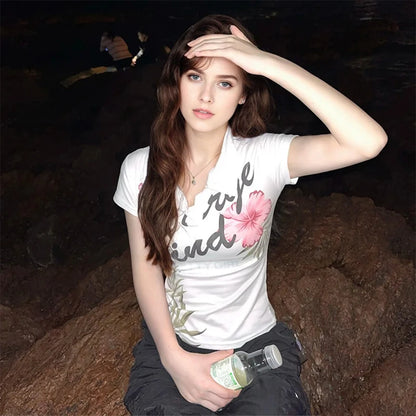 Women's Letter & Floral Print Polo Neck T-Shirt