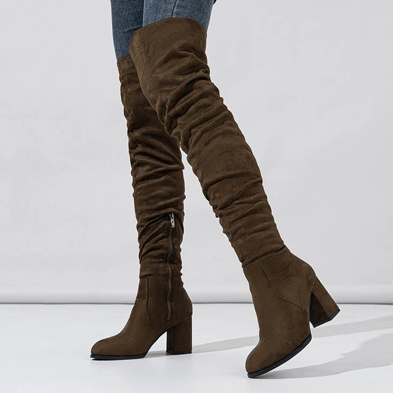 Women's Over-the-Knee Boots - Toe Zip, Thigh-High Shoes with Square Heels