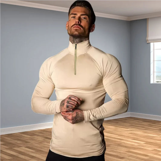 Men's Slim Fit Fitness Compression T-Shirt with Long Sleeves, Half-Zip, High Neck, and Elastic Design