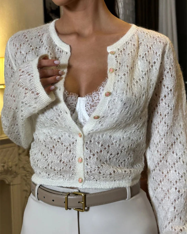 Women's Hollow Out Knit Cardigan - Long Sleeve Casual Cropped See-Through Knitwear