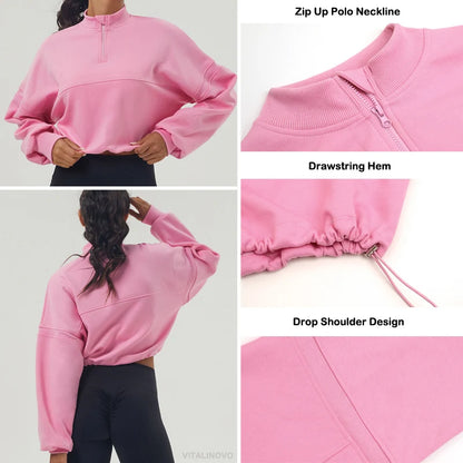Women's High Neck Oversized Quarter Zip Cropped Sweater with Drawstring