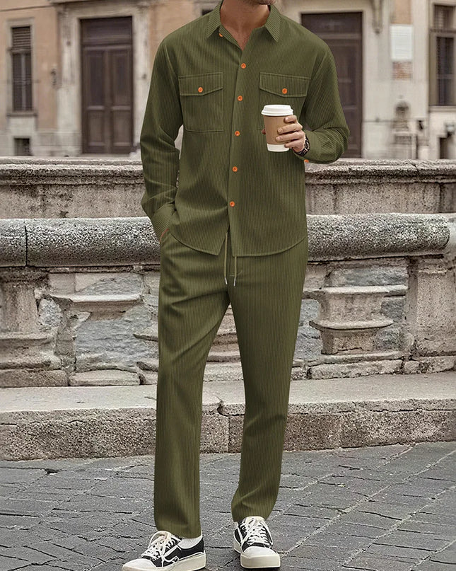 Men's Two-Piece Corduroy Casual Suit – Long-Sleeved Shirt and Long Pants Set