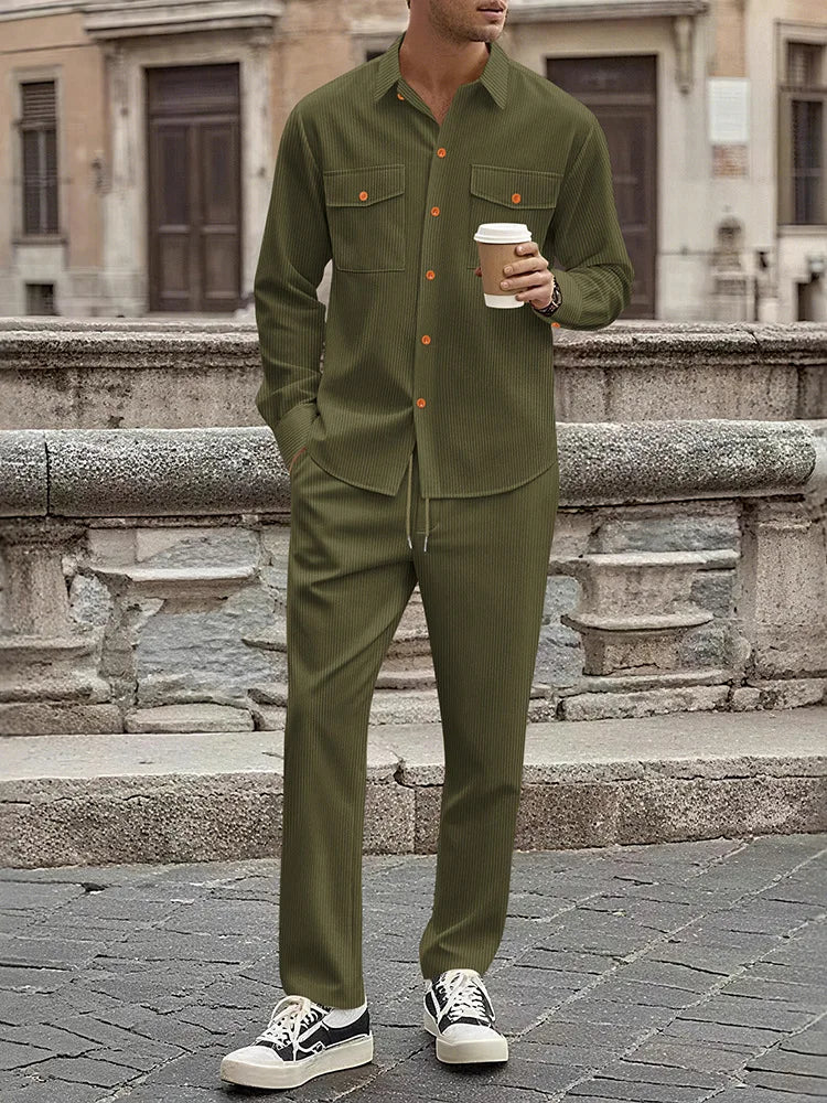 Men's Two-Piece Corduroy Casual Suit – Long-Sleeved Shirt and Long Pants Set