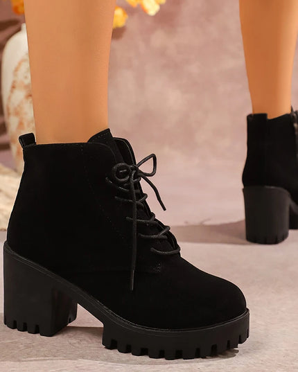 Women's Chunky Heel Ankle Boots with Platform Sole – Side Zip & Lace-Up Design