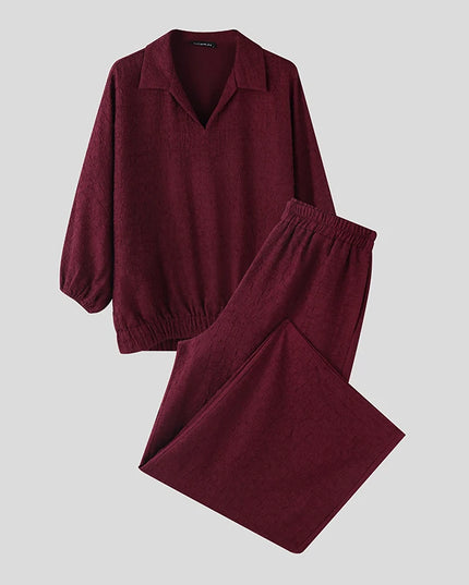 Incerun Men's Two-Piece Oversized Set: Lapel 3/4 Sleeve Shirt and Wide-Leg Pants