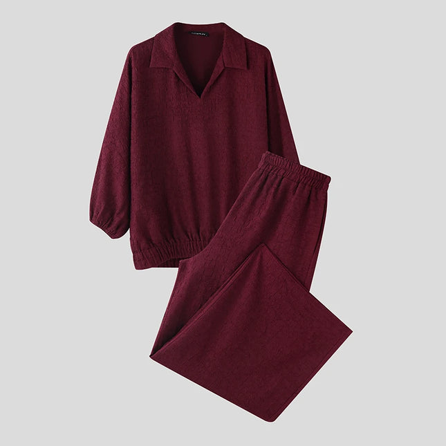 Incerun Men's Two-Piece Oversized Set: Lapel 3/4 Sleeve Shirt and Wide-Leg Pants