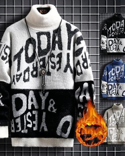 Men's Long Sleeve Turtleneck Sweater with Letter Print 