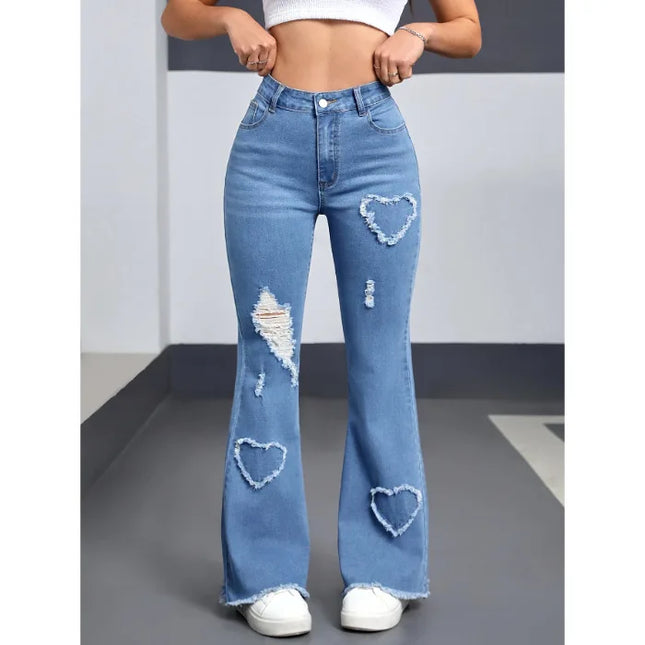 Women's Flared Pants - Hole Design, Boot Cut, Distressed, High Waist, Stretch