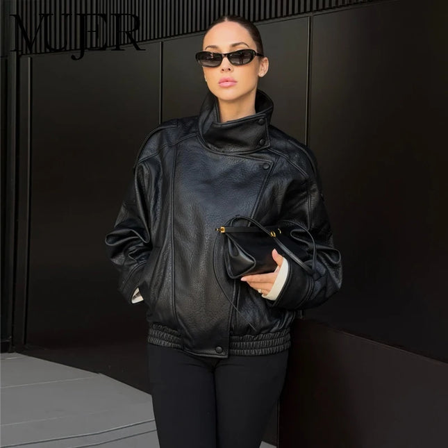 Women's Faux Leather Loose Jacket with Stand Collar and Zipper