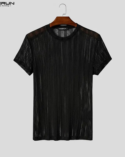 Incerun Men's Mesh See-Through Striped O-Neck T-Shirt