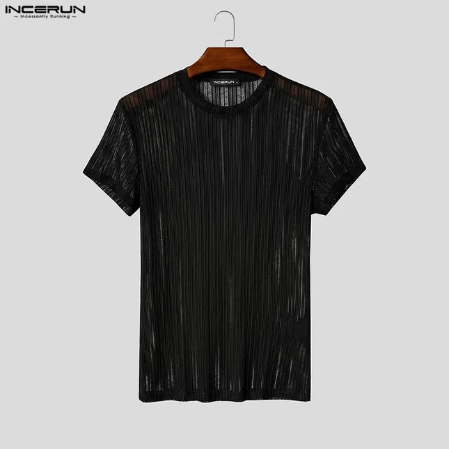 Incerun Men's Mesh See-Through Striped O-Neck T-Shirt