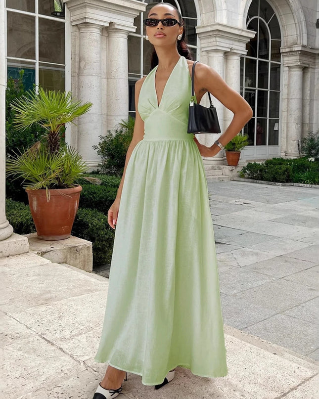 Women's V-Neck Long Cotton Camisole Dress with Waist Cinch