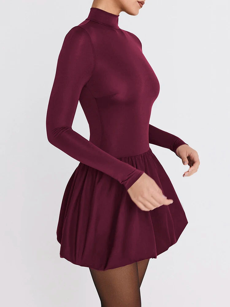 Women's Turtleneck Long Sleeve Mini Dress - Pleated Bodycon Dress
