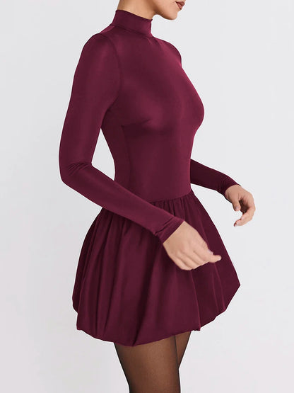 Women's Turtleneck Long Sleeve Mini Dress - Pleated Bodycon Dress