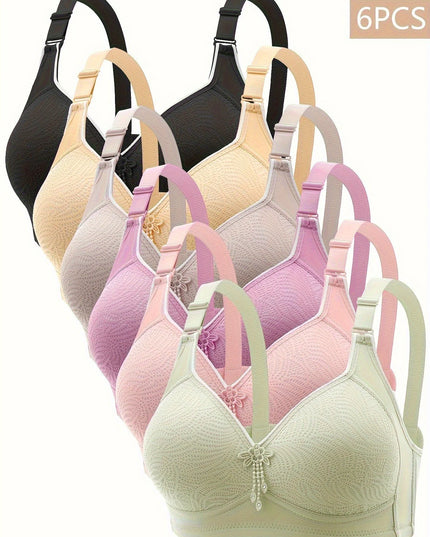 6-Piece Set of Women's Colorful Lace Wireless Bras with Adjustable Straps