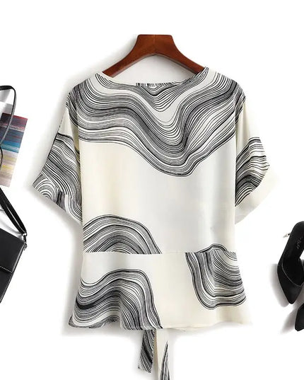 Vintage Chiffon Blouse for Women - Striped, Short Sleeve, Lace-Up