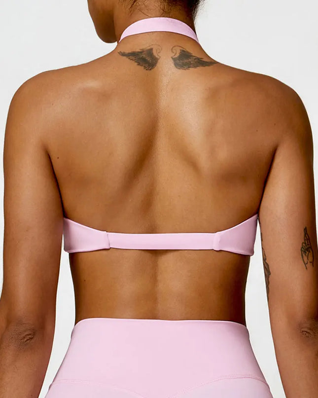 Women's Nylon Halter Sports Bra with Front Twist, Padded and Supportive Bralette for Activewear