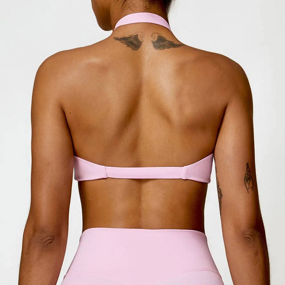 Women's Nylon Halter Sports Bra with Front Twist, Padded and Supportive Bralette for Activewear
