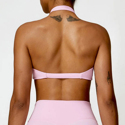 Women's Nylon Halter Sports Bra with Front Twist, Padded and Supportive Bralette for Activewear