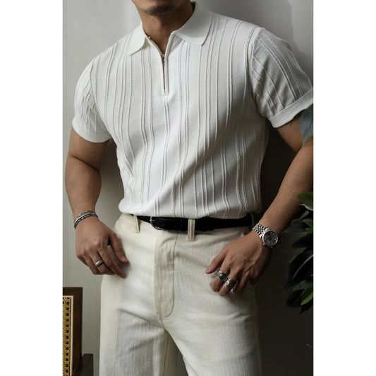 Men's Solid Zipper Knitted Polo Shirt with Lapel