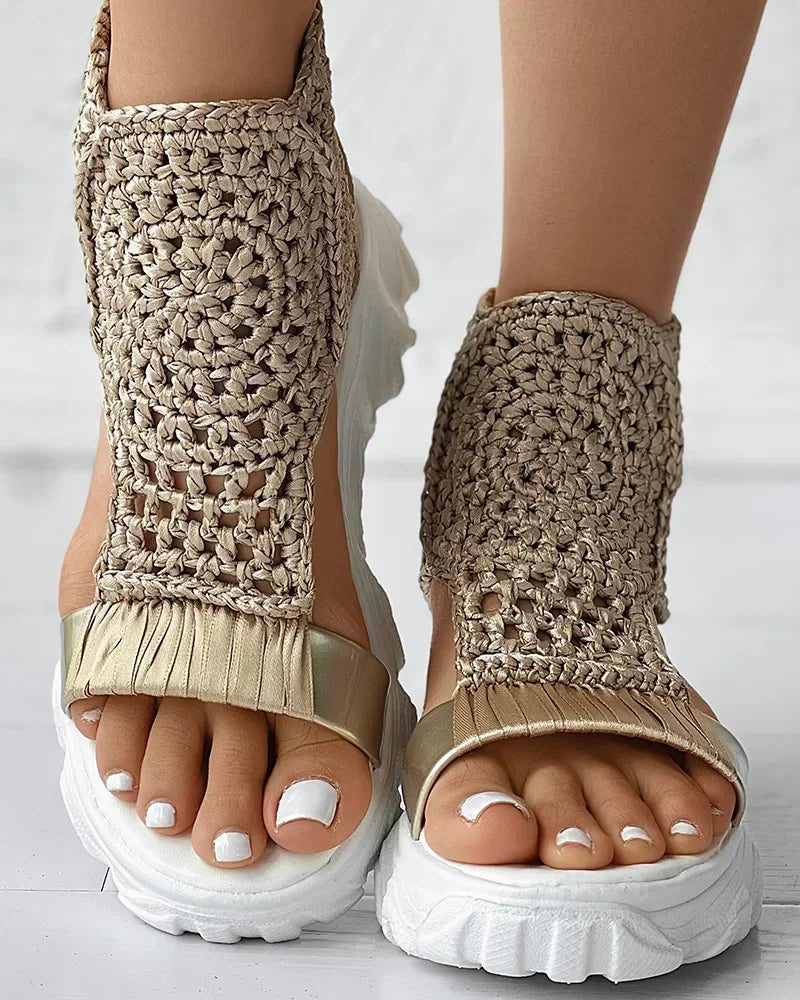 Knitted Women's Sandals with Braided Elastic and Mesh, Flat Bottom Design