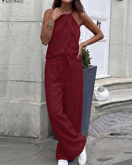ZANZEA Women's Two-Piece Set: Sleeveless Halter Tops and Elastic Waist Pants